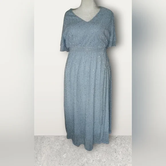 Chiffon, Sparkly Dress, W/ Ruffle Sleeves, Belt, & Pockets, Blue, Size 14-16 1X - Picture 7 of 8